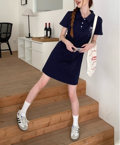 WEGO（ウィゴー）の「WEGO/リボン刺繍ポロワンピース（ワンピース・レディース・グレー/ネイビー・MEDIUM/LARGE）」の13枚目の写真