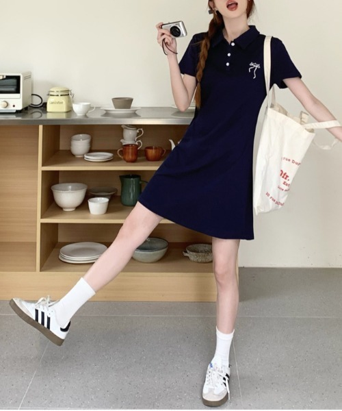 WEGO（ウィゴー）の「WEGO/リボン刺繍ポロワンピース（ワンピース・レディース・グレー/ネイビー・MEDIUM/LARGE）」の14枚目の写真