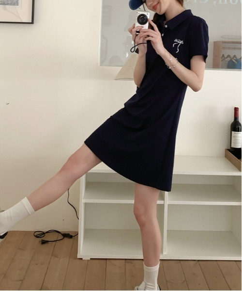 WEGO（ウィゴー）の「WEGO/リボン刺繍ポロワンピース（ワンピース・レディース・グレー/ネイビー・MEDIUM/LARGE）」の15枚目の写真