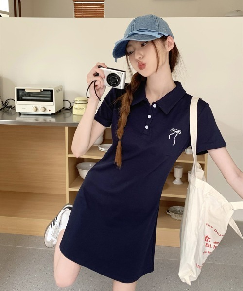 WEGO（ウィゴー）の「WEGO/リボン刺繍ポロワンピース（ワンピース・レディース・グレー/ネイビー・MEDIUM/LARGE）」の16枚目の写真