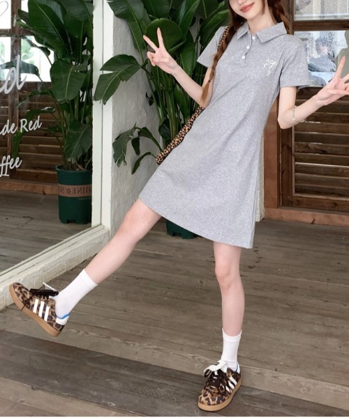 WEGO（ウィゴー）の「WEGO/リボン刺繍ポロワンピース（ワンピース・レディース・グレー/ネイビー・MEDIUM/LARGE）」の4枚目の写真