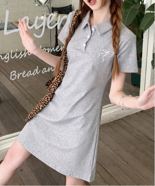 WEGO（ウィゴー）の「WEGO/リボン刺繍ポロワンピース（ワンピース・レディース・グレー/ネイビー・MEDIUM/LARGE）」の5枚目の写真