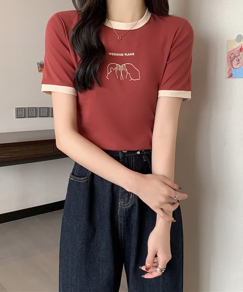 Lace Ladies(レースレディース)の「配色 プリント クルーネック 半袖 Tシャツ(Tシャツ/カットソー・レディース・アイボリー/ブラック/ホワイト/グリーン/レッド・FREE)」の5枚目の写真