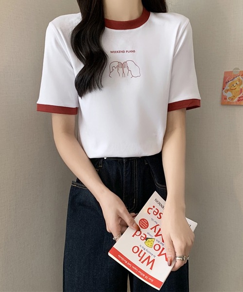 Lace Ladies(レースレディース)の「配色 プリント クルーネック 半袖 Tシャツ(Tシャツ/カットソー・レディース・アイボリー/ブラック/ホワイト/グリーン/レッド・FREE)」の1枚目の写真