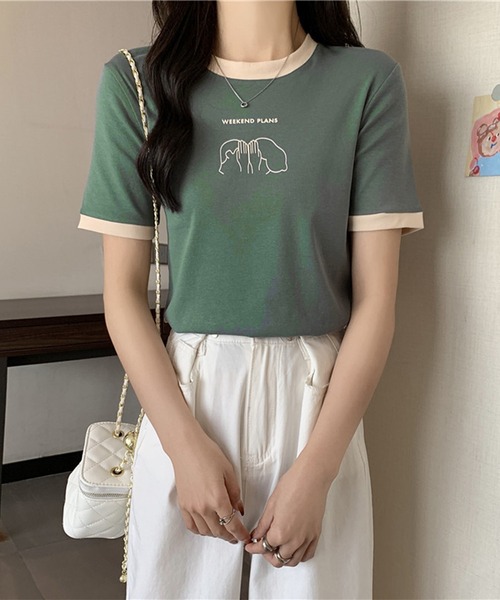 Lace Ladies(レースレディース)の「配色 プリント クルーネック 半袖 Tシャツ(Tシャツ/カットソー・レディース・アイボリー/ブラック/ホワイト/グリーン/レッド・FREE)」の4枚目の写真