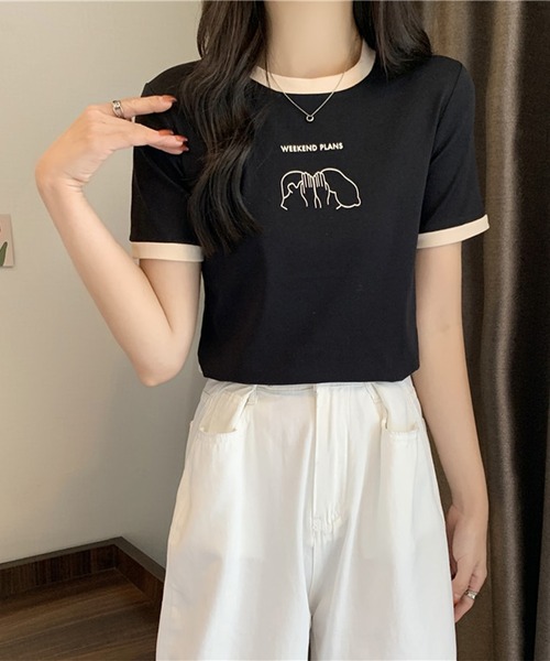 Lace Ladies(レースレディース)の「配色 プリント クルーネック 半袖 Tシャツ(Tシャツ/カットソー・レディース・アイボリー/ブラック/ホワイト/グリーン/レッド・FREE)」の3枚目の写真