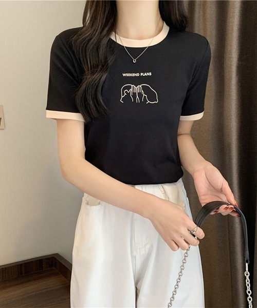 Lace Ladies(レースレディース)の「配色 プリント クルーネック 半袖 Tシャツ(Tシャツ/カットソー・レディース・アイボリー/ブラック/ホワイト/グリーン/レッド・FREE)」の7枚目の写真