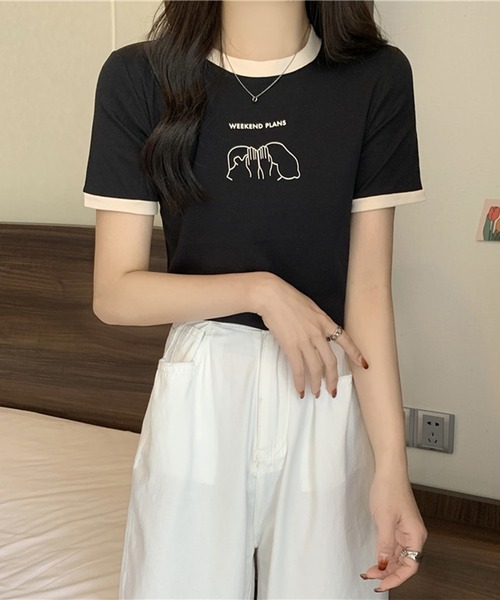 Lace Ladies(レースレディース)の「配色 プリント クルーネック 半袖 Tシャツ(Tシャツ/カットソー・レディース・アイボリー/ブラック/ホワイト/グリーン/レッド・FREE)」の8枚目の写真