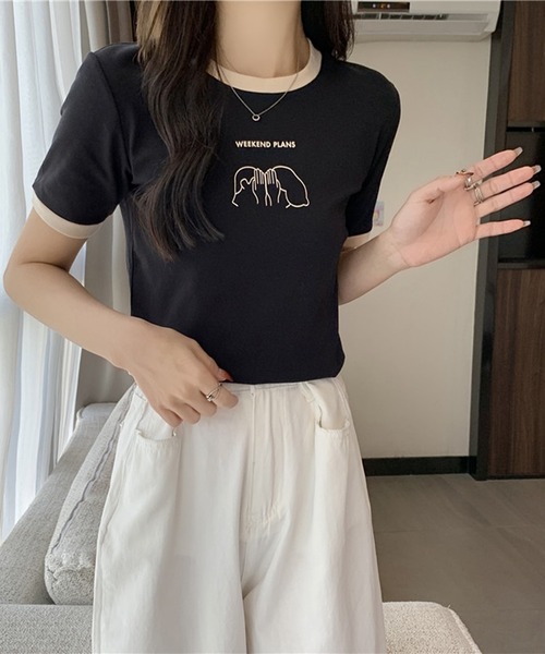 Lace Ladies(レースレディース)の「配色 プリント クルーネック 半袖 Tシャツ(Tシャツ/カットソー・レディース・アイボリー/ブラック/ホワイト/グリーン/レッド・FREE)」の9枚目の写真