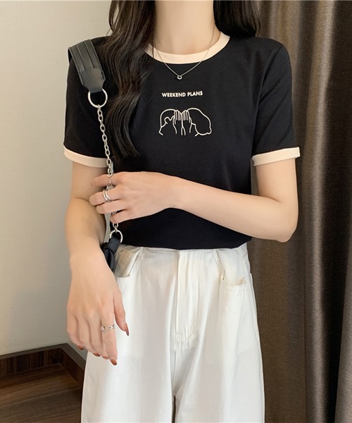 Lace Ladies(レースレディース)の「配色 プリント クルーネック 半袖 Tシャツ(Tシャツ/カットソー・レディース・アイボリー/ブラック/ホワイト/グリーン/レッド・FREE)」の10枚目の写真