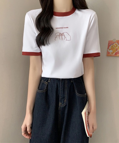 Lace Ladies(レースレディース)の「配色 プリント クルーネック 半袖 Tシャツ(Tシャツ/カットソー・レディース・アイボリー/ブラック/ホワイト/グリーン/レッド・FREE)」の12枚目の写真