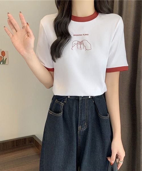 Lace Ladies(レースレディース)の「配色 プリント クルーネック 半袖 Tシャツ(Tシャツ/カットソー・レディース・アイボリー/ブラック/ホワイト/グリーン/レッド・FREE)」の13枚目の写真