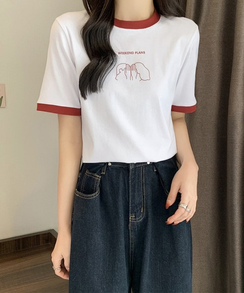 Lace Ladies(レースレディース)の「配色 プリント クルーネック 半袖 Tシャツ(Tシャツ/カットソー・レディース・アイボリー/ブラック/ホワイト/グリーン/レッド・FREE)」の14枚目の写真