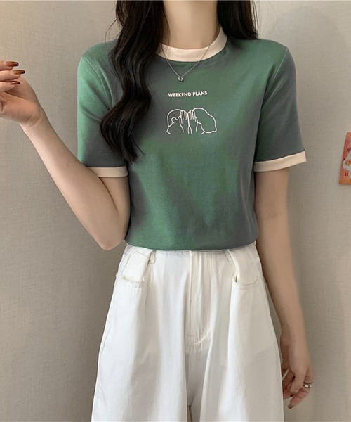 Lace Ladies(レースレディース)の「配色 プリント クルーネック 半袖 Tシャツ(Tシャツ/カットソー・レディース・アイボリー/ブラック/ホワイト/グリーン/レッド・FREE)」の17枚目の写真