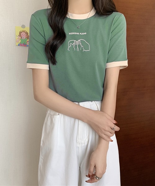 Lace Ladies(レースレディース)の「配色 プリント クルーネック 半袖 Tシャツ(Tシャツ/カットソー・レディース・アイボリー/ブラック/ホワイト/グリーン/レッド・FREE)」の19枚目の写真