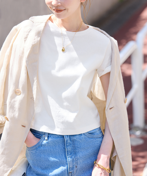 SLOBE IENA(スローブイエナ)の「《追加》BASICコンパクトTEE -汗ジミ防止-(Tシャツ/カットソー・レディース・チャコールグレー/サックスブルー/ホワイト/ダークブルー・FREE)」の2枚目の写真