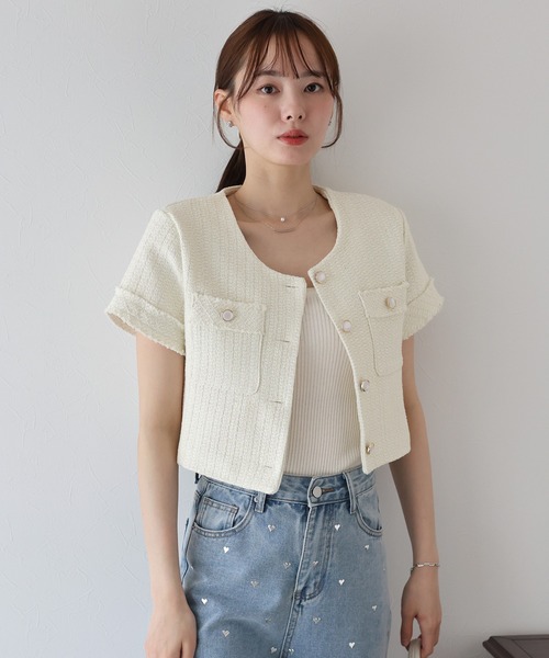 BLUEEAST（ブルーイースト）の「半袖ツイードジャケット（ノーカラージャケット・レディース・ホワイト/ブラック・MEDIUM）」の5枚目の写真