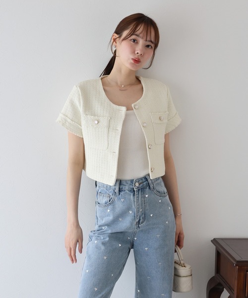 BLUEEAST（ブルーイースト）の「半袖ツイードジャケット（ノーカラージャケット・レディース・ホワイト/ブラック・MEDIUM）」の6枚目の写真