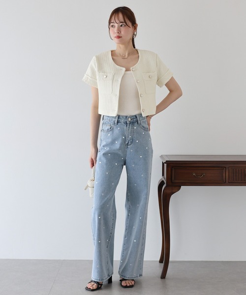 BLUEEAST（ブルーイースト）の「半袖ツイードジャケット（ノーカラージャケット・レディース・ホワイト/ブラック・MEDIUM）」の7枚目の写真