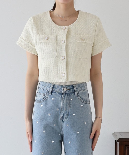 BLUEEAST（ブルーイースト）の「半袖ツイードジャケット（ノーカラージャケット・レディース・ホワイト/ブラック・MEDIUM）」の13枚目の写真