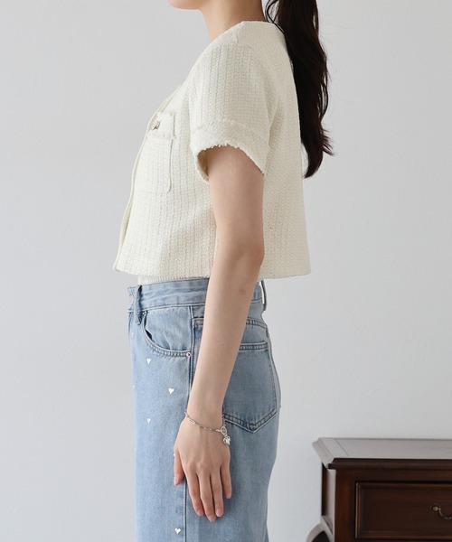 BLUEEAST（ブルーイースト）の「半袖ツイードジャケット（ノーカラージャケット・レディース・ホワイト/ブラック・MEDIUM）」の14枚目の写真