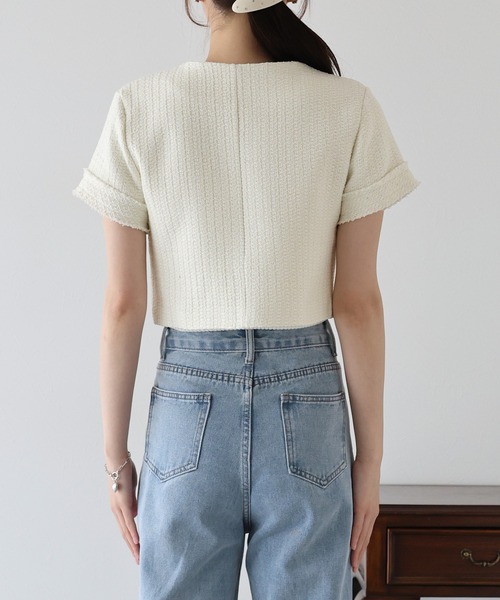 BLUEEAST（ブルーイースト）の「半袖ツイードジャケット（ノーカラージャケット・レディース・ホワイト/ブラック・MEDIUM）」の15枚目の写真