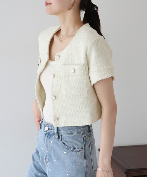 BLUEEAST（ブルーイースト）の「半袖ツイードジャケット（ノーカラージャケット・レディース・ホワイト/ブラック・MEDIUM）」の3枚目の写真