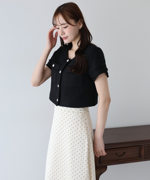 BLUEEAST（ブルーイースト）の「半袖ツイードジャケット（ノーカラージャケット・レディース・ホワイト/ブラック・MEDIUM）」の10枚目の写真