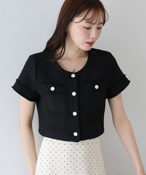 BLUEEAST（ブルーイースト）の「半袖ツイードジャケット（ノーカラージャケット・レディース・ホワイト/ブラック・MEDIUM）」の8枚目の写真