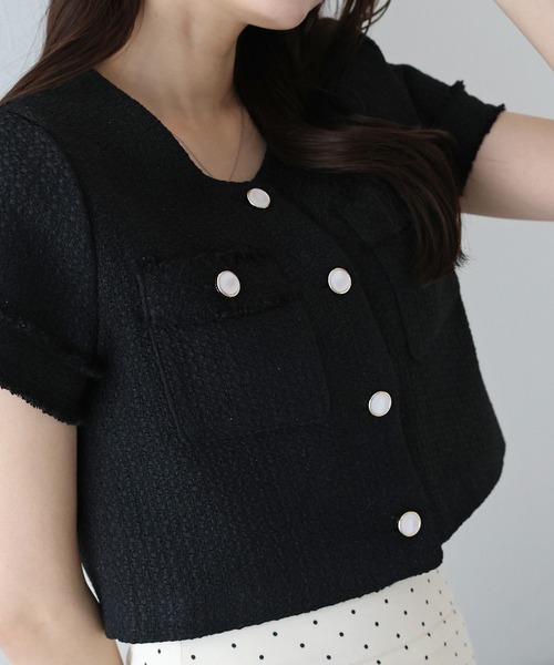 BLUEEAST（ブルーイースト）の「半袖ツイードジャケット（ノーカラージャケット・レディース・ホワイト/ブラック・MEDIUM）」の11枚目の写真