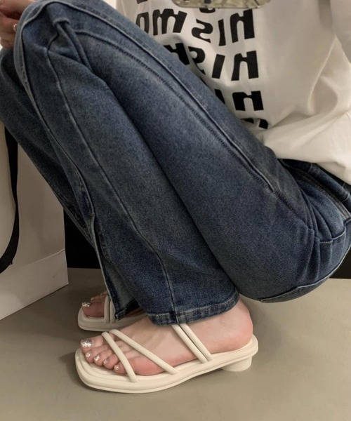 サンダル アシンメトリーストラップサンダル レディース レースレディース Lace Ladies レザー調 ナロー アシンメトリー