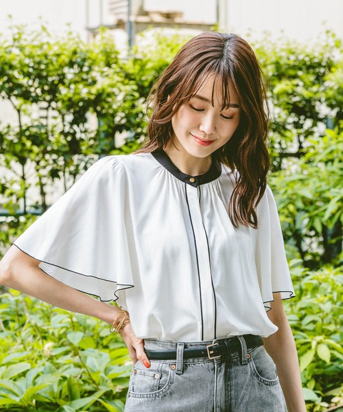 GLOBAL WORK（グローバルワーク）の「さらさらリラックスパイピング半袖/288591（シャツ/ブラウス・レディース・ドット/ホワイト系6/ミント/ホワイト系5/ブラック/ラベンダー・MEDIUM/LARGE/SMALL）」の2枚目の写真