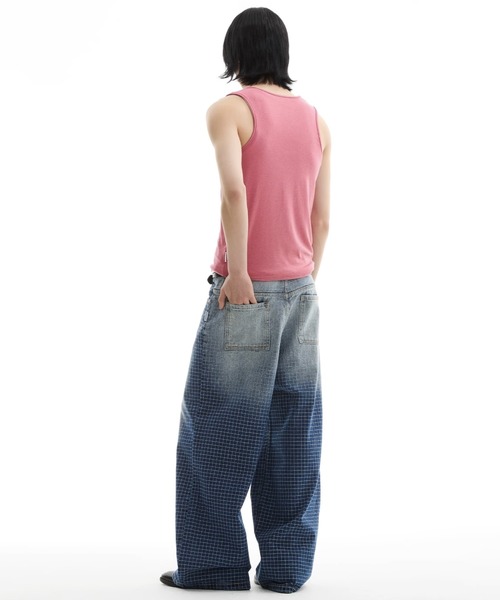 セール】チェックグラデーションデニムパンツ ワイドストレート