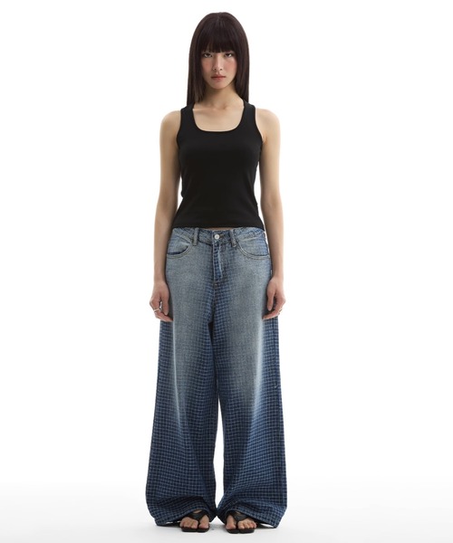 セール】チェックグラデーションデニムパンツ ワイドストレート