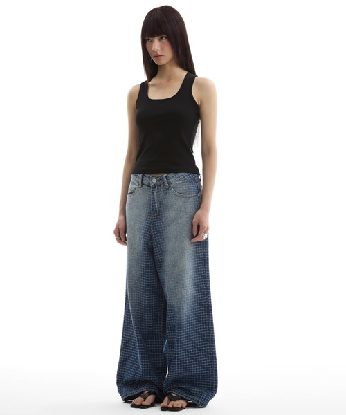 チェックグラデーションデニムパンツ ワイドストレート