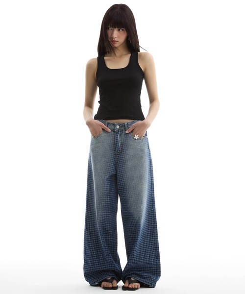 チェックグラデーションデニムパンツ ワイドストレート