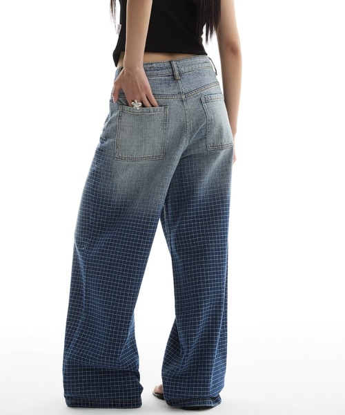 セール】チェックグラデーションデニムパンツ ワイドストレート