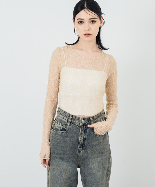 ANAP(アナップ)の「シアーレースロングスリーブトップス(Tシャツ/カットソー・レディース・アイボリー/ブラック・FREE)」の1枚目の写真