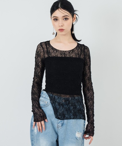ANAP(アナップ)の「シアーレースロングスリーブトップス(Tシャツ/カットソー・レディース・アイボリー/ブラック・FREE)」の2枚目の写真