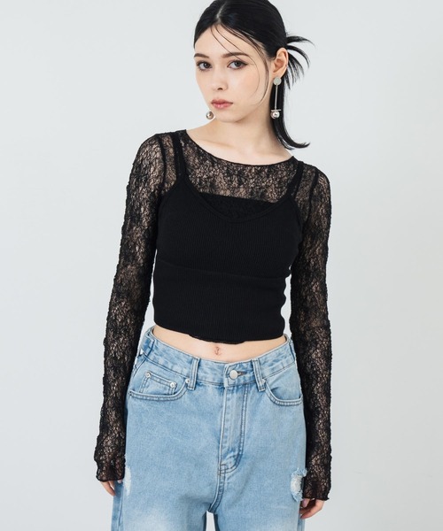 ANAP(アナップ)の「シアーレースロングスリーブトップス(Tシャツ/カットソー・レディース・アイボリー/ブラック・FREE)」の6枚目の写真