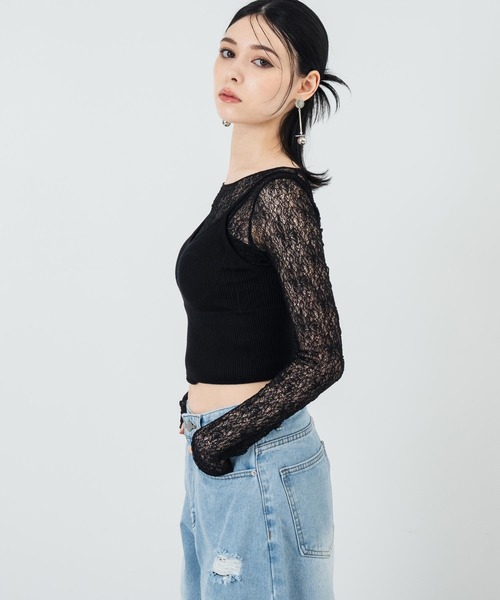 ANAP(アナップ)の「シアーレースロングスリーブトップス(Tシャツ/カットソー・レディース・アイボリー/ブラック・FREE)」の5枚目の写真