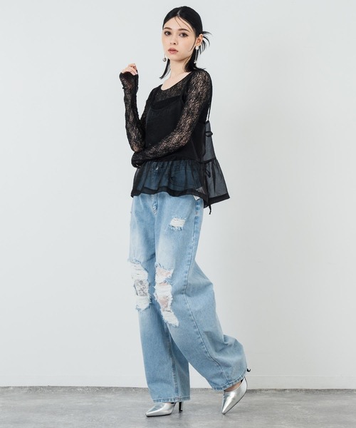 ANAP(アナップ)の「シアーレースロングスリーブトップス(Tシャツ/カットソー・レディース・アイボリー/ブラック・FREE)」の14枚目の写真