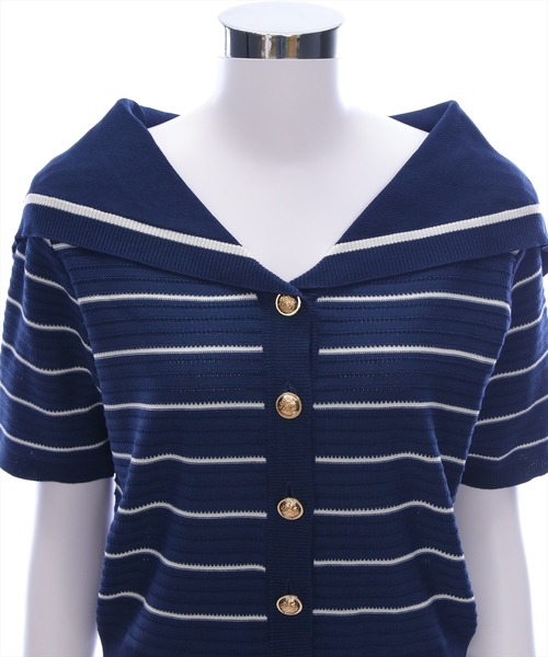 CLEAR BASIC（クリアベーシック）の「セーラーニット半袖カーディガン[大人 マリンスタイル ボーダー サマーニット]≪SS新作≫（ニット/セーター・レディース・ネイビー/オフホワイト/ブラウン・F）」の12枚目の写真
