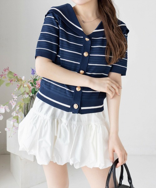 CLEAR BASIC（クリアベーシック）の「セーラーニット半袖カーディガン[大人 マリンスタイル ボーダー サマーニット]≪SS新作≫（ニット/セーター・レディース・ネイビー/オフホワイト/ブラウン・F）」の4枚目の写真