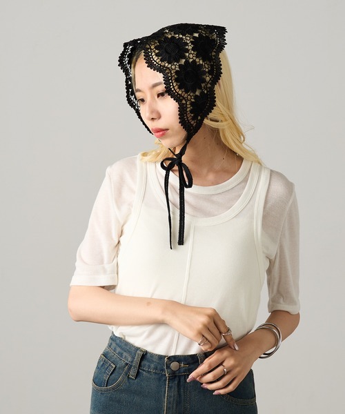 MAGASIN DE MODE Onjna(マガジンデモードオンジェナ )の「【MAGASIN DE MODE Onjna】フラワーレースバブーシュカ ヘッドドレススカーフ OSWY(バンダナ/スカーフ・レディース・ブラック/ホワイト・FREE)」の12枚目の写真