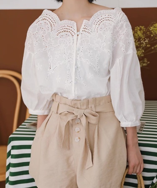 セール】コットンレース クラシックシルエットブラウス（シャツ