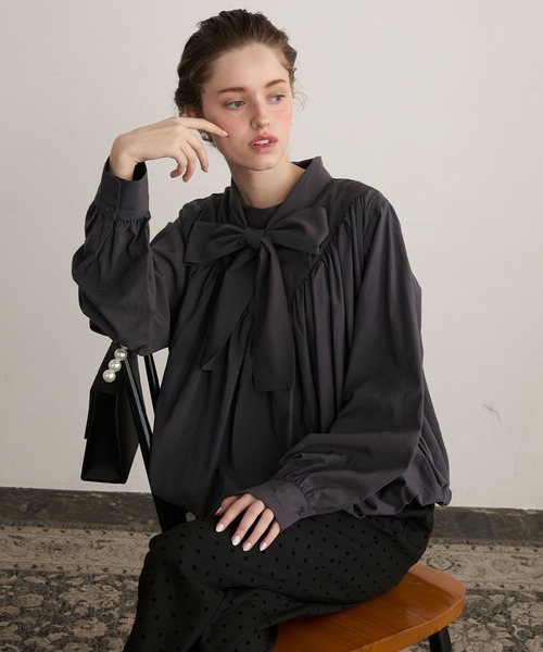セール】【BONLECILL noir】2wayビッグリボンバルーンギャザーブラウス