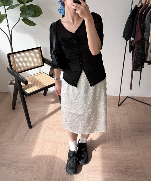 MUHET（ミュエータ）の「sheer jaguard midi skirt / シアージャガードスカート（スカート・レディース・アイボリー/ブラック・LARGE/MEDIUM）」の7枚目の写真