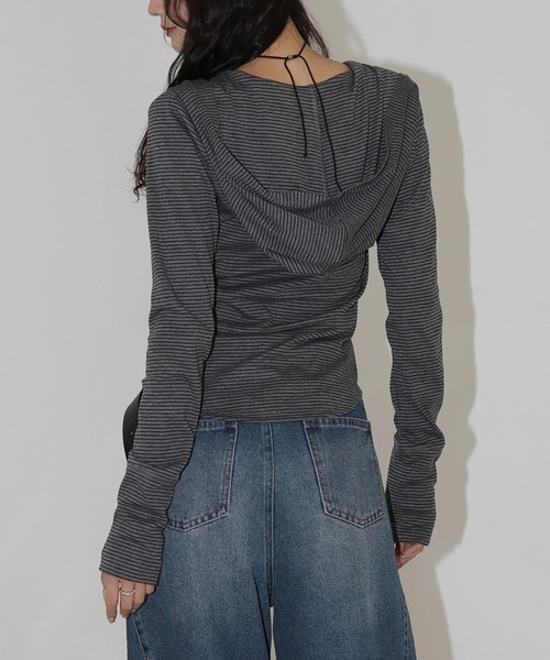 Mili affinity(ミリアフィニティー)の「【入荷禁止】フード付きボーダーロングスリーブTシャツ(パーカー・レディース・アイボリー/ブラック/チャコール・FREE)」の16枚目の写真