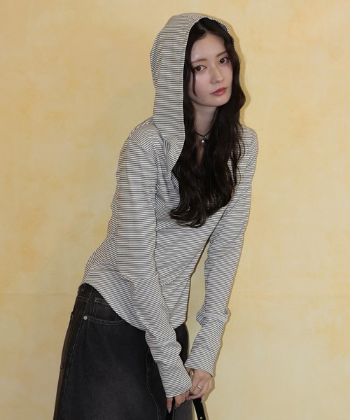 入荷禁止】フード付きボーダーロングスリーブTシャツ（パーカー